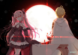 Rule 34 | 10s, 1boy, 1girl, absurdres, ahoge, blonde hair, blood, cape, chess piece, commentary request, cup, detached sleeves, drinking glass, chalice, hair ornament, highres, hyakuya mikaela, krul tepes, long hair, owari no seraph, pink hair, pleated skirt, queen (chess), red eyes, skirt, slit pupils, sugar sound, two side up, wine glass