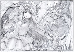 Rule 34 | 1girl, :o, black border, border, bubble skirt, collared shirt, dated, expressionless, folding fan, forest, fox mask, graphite (medium), greyscale, hand fan, hata no kokoro, highres, holding, holding fan, long hair, long sleeves, looking at viewer, makicha (sasurainopink), mask, monochrome, nature, navel, outdoors, parted lips, scan, shirt, skirt, sky, solo, standing, tengu mask, touhou, traditional media, wing collar