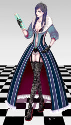 Rule 34 | 1girl, aqua eyes, bad id, bad pixiv id, black hair, black thighhighs, breasts, broken, checkered floor, cleavage, collarbone, dress, earrings, eyeliner, floor, fur trim, garter straps, gloves, hairband, high heels, highres, jewelry, lace, lace gloves, lace legwear, lips, long hair, long legs, makeup, medium breasts, navel, nd (nodie), necklace, patterned legwear, pixiv fantasia, pixiv fantasia wizard and knight, scroll, shoes, solo, standing, thighhighs