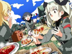 Rule 34 | 10s, 3girls, anchovy (girls und panzer), black hair, black shirt, blonde hair, blouse, braid, brick oven, carpaccio (girls und panzer), day, eating, food, girls und panzer, hand to own mouth, italian flag, long hair, military, military uniform, military vehicle, motor vehicle, multiple girls, outdoors, oven, peel (tool), pepperoni (girls und panzer), pizza, shirt, short hair, shovel, side braid, sitting, standing, tank, twintails, uniform, v-shaped eyebrows