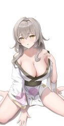 Rule 34 | 1girl, alternate costume, bare shoulders, barefoot, breasts, cleavage, commentary request, floral print, grey hair, highres, honkai: star rail, honkai (series), japanese clothes, kimono, large breasts, long hair, long sleeves, looking at viewer, muu maa muu, off shoulder, parted lips, short kimono, simple background, sitting, solo, stelle (honkai: star rail), thighs, trailblazer (honkai: star rail), wariza, white background, white kimono, wide sleeves, yellow eyes