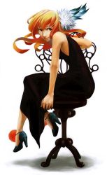 Rule 34 | 1girl, arm support, chair, dress, full body, hair ornament, high heels, looking at viewer, mikeneko ringo, orange hair, shoes, smile, solo, uroko, uroko (mnr)