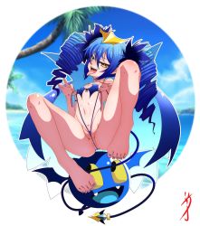 Rule 34 | 1girl, abiko zyozi, absurdres, barefoot, bikini, blue hair, blue nails, bombergirl, brown eyes, day, demon tail, demon wings, drill hair, feet, female focus, flat chest, highres, lewisia aquablue, nail polish, ocean, open mouth, outdoors, palm tree, partially visible vulva, petite, pointy ears, solo, string bikini, swimsuit, tail, thong bikini, toes, tongue, tongue out, tree, tsurime, twin drills, twintails, untied bikini, water, wings
