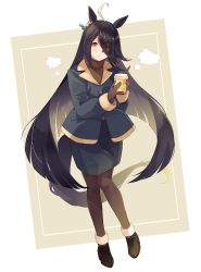 Rule 34 | 1girl, ahoge, animal ears, black hair, black pantyhose, black skirt, blush, brown gloves, buttons, closed mouth, cup, disposable coffee cup, disposable cup, full body, gloves, hair over one eye, holding, holding cup, horse ears, horse girl, horse tail, long hair, long sleeves, manhattan cafe (umamusume), pantyhose, shakemi (sake mgmgmg), skirt, solo, tail, umamusume, yellow eyes