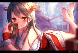 Rule 34 | 1girl, arm support, ass, bad id, bad pixiv id, bare shoulders, barefoot, bikini, box, breasts, brown eyes, brown hair, butt crack, christmas tree, closed mouth, commentary request, feet, fur trim, gift, gift box, hair ornament, hairclip, harukana (harukana 10), haruna (kancolle), headgear, holding, kantai collection, letterboxed, long hair, looking at viewer, lying, medium breasts, nail polish, on stomach, red nails, santa costume, side-tie bikini bottom, smile, soles, solo, swimsuit, the pose, twitter username, white bikini