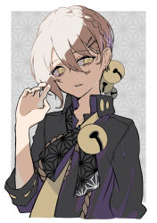 Rule 34 | 1boy, asa no ha (pattern), bad id, bad twitter id, bell, braid, commentary, crown braid, earrings, grey hair, grey shirt, hair bell, hair ornament, hairclip, hand up, highres, iori yuzuru, jewelry, looking to the side, male focus, neck bell, necktie, parted lips, rsk (tbhono), shirt, sidelighting, solo, upper body, voiceroid, yellow eyes, yellow necktie