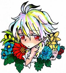 Rule 34 | 1boy, ahoge, fate/apocrypha, fate (series), floral background, flower, kanezuru-kun, looking at viewer, male focus, red eyes, short hair, sieg (fate), solo, with ribbon