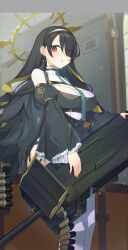 Rule 34 | 1girl, absurdres, black hair, blue archive, blush, breasts, coif, eyes visible through hair, feet out of frame, green necktie, gun, habit, hair over one eye, halo, highres, hinata (blue archive), large breasts, long hair, long sleeves, looking at viewer, necktie, nun, open mouth, red eyes, solo, syafa, thighhighs, weapon, white thighhighs, wide sleeves, yellow halo