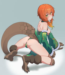 Rule 34 | 1girl, aguila, all fours, alternate costume, animal hands, ass, bikini, blush, breasts, chinese clothes, detached sleeves, dress, gloves, gradient hair, green bikini, green dress, green eyes, green hair, grey background, hair between eyes, hexagon, highres, himokawa udon, looking at viewer, low twintails, medium breasts, multicolored hair, orange hair, paw gloves, paw shoes, simple background, solo, swimsuit, tail, twintails, ultra kaijuu gijinka keikaku, ultra series