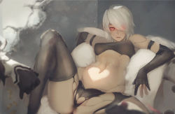 Rule 34 | 1girl, android, black gloves, black thighhighs, breasts, cameltoe, cleft of venus, elbow gloves, gloves, glowing, glowing eyes, gray bear, hair over one eye, joints, pussy, lying, medium breasts, mole, mole under mouth, navel, nier (series), nier:automata, on back, out of frame, partially fingerless gloves, post-apocalypse, reclining, red eyes, robot joints, silver hair, solo focus, spread legs, thighhighs, a2 (nier:automata)