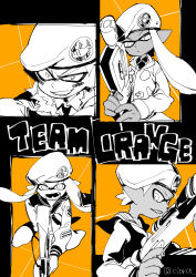 Rule 34 | 2boys, 2girls, army-kun (splatoon), beret, closed mouth, coat, constricted pupils, dark skin, dual squelcher (splatoon), english text, facepaint, fangs, forge-chan (splatoon), grin, hat, holding, holding weapon, inkling, inkling boy, inkling girl, inkling player character, long hair, long sleeves, looking at viewer, monochrome, multiple boys, multiple girls, neckerchief, nintendo, open mouth, orange theme, partially colored, pointy ears, rapid blaster (splatoon), sailor blue-kun (splatoon), sailor collar, sailor white-chan (splatoon), scope, serizawa nae, short hair, sketch, smile, splat charger (splatoon), splatoon (manga), splatoon (series), splatoon 1, tentacle hair, twitter username, weapon