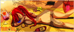 Rule 34 | alcohol, artist request, ass, beach, breasts, carpet, erza scarlet, closed eyes, fairy tail, flower, highres, huge ass, large breasts, legs, nude, red hair, sand, sideboob, smile, starfish, sunbathing, swimsuit, tattoo, wine