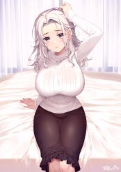Rule 34 | 1girl, alpha (yukai na nakamatachi), bedside, black skirt, breasts, brown eyes, closed mouth, curvy, feet out of frame, forehead, hand on own head, highres, indoors, knees, large breasts, long hair, long sleeves, looking at viewer, medium skirt, original, ribbed sweater, see-through, signature, sitting, skirt, sleeves past wrists, smile, solo, sweater, taut sweater, turtleneck, turtleneck sweater, white hair, white sweater