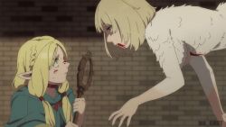 Rule 34 | 2girls, ambrosia (dungeon meshi), animated, animated gif, bleeding, blood, blood on face, blush, body fur, breasts, chimera, dungeon meshi, elf, falin touden, falin touden (chimera), fangs, feathers, grabbing another&#039;s face, ink gmbt, large breasts, licking, licking another&#039;s face, looking at another, mage staff, marcille donato, medium breasts, monster girl, multiple girls, pointy ears, spoilers, staff, white feathers, yuri