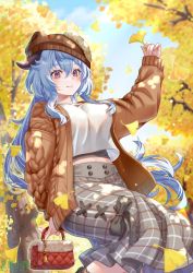 Rule 34 | 1girl, alternate costume, autumn, autumn leaves, bag, black bow, black shirt, blue hair, blue sky, blush, bow, breasts, brown cardigan, brown headwear, cardigan, closed mouth, commentary request, falling leaves, feet out of frame, fur-trimmed headwear, fur trim, ganyu (genshin impact), genshin impact, ginkgo leaf, ginkgo tree, goat horns, grey skirt, hair between eyes, hand up, handbag, holding, holding bag, horns, large breasts, leaf, long hair, long sleeves, looking at viewer, midriff peek, nail polish, natsume koji, open cardigan, open clothes, outdoors, pink nails, plaid, plaid skirt, purple eyes, red bag, shirt, skirt, sky, smile, solo, undershirt, very long hair, watermark, white shirt