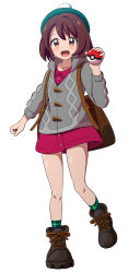 Rule 34 | 1girl, boots, brown bag, brown footwear, brown hair, cardigan, collared shirt, creatures (company), full body, game freak, gloria (pokemon), green hat, green socks, grey cardigan, hat, highres, holding, holding poke ball, hood, hood down, hooded cardigan, kayama kenji, looking at viewer, medium hair, miniskirt, nintendo, plaid, plaid legwear, poke ball, poke ball (basic), pokemon, pokemon swsh, red shirt, red skirt, shiny skin, shirt, simple background, skirt, socks, solo, standing, standing on one leg, white background, wing collar