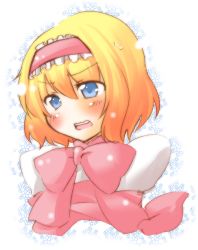 Rule 34 | 1girl, alice margatroid, bad id, bad pixiv id, blonde hair, blue eyes, blush, bow, bowtie, face, female focus, floral background, flower, frown, gradient hair, hairband, highres, multicolored hair, nervous, no nose, okannigeru, orange hair, ribbon, solo, sweatdrop, touhou, wavy mouth, white background