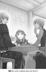 Rule 34 | 1boy, 2girls, ayakura juu, blush, craft lawrence, enekk, eye contact, food, from below, greyscale, holo, indoors, knife, long hair, looking at another, monochrome, monochrome, multiple girls, nora arento, novel illustration, official art, pants, parted lips, short hair, short ponytail, skirt, smile, spice and wolf, sweatdrop