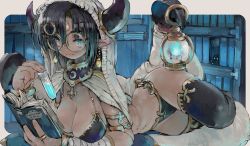 Rule 34 | 1girl, ankh, bikini, black bikini, black thighhighs, blue eyes, book, breasts, bright pupils, closed mouth, earrings, ebimomo, fang, fang out, forehead jewel, glasses, highres, holding, holding book, hood, hood up, horns, horns through headwear, jewelry, lantern, large breasts, looking at viewer, lying, narrow waist, on stomach, open book, original, pointy ears, prehensile wings, round eyewear, smile, solo, swimsuit, thighhighs, vial