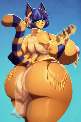 Rule 34 | 1girl, animal crossing, animal ears, ankha (animal crossing), ass, back, bare shoulders, blue background, blue hair, breasts, cat ears, cat tail, curvy, egyptian, from behind, furry, furry female, gigantic breasts, green eyes, handjob gesture, highres, huge ass, huge breasts, jewelry, loincloth, looking back, motion blur, nintendo, riendonut, short hair, sideboob, solo, tail, thick thighs, thighs, wide hips