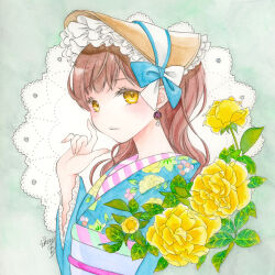 Rule 34 | 1girl, bow, brown hair, earrings, flower, hat, highres, japanese clothes, jewelry, kimono, leaf, lolita fashion, long hair, long sleeves, looking at viewer, original, rose, sheepd, smile, solo, traditional media, upper body, watercolor pencil (medium), yellow eyes, yellow flower, yellow rose