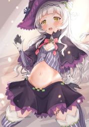 Rule 34 | 1girl, absurdres, arm support, azuremo, black capelet, black gloves, black hat, black skirt, blunt bangs, blush, breasts, capelet, cleavage, clenched hand, commentary, crop top, gloves, groin, hair bun, hair ornament, hand up, hat, highres, hololive, kneeling, light rays, long hair, long sleeves, looking down, lowleg, lowleg skirt, midriff, murasaki shion, murasaki shion (1st costume), navel, one side up, open mouth, pinstripe pattern, pinstripe shirt, shirt, sidelocks, silver hair, single hair bun, single side bun, skirt, small breasts, solo, striped clothes, striped shirt, striped thighhighs, sweat, teeth, thigh strap, thighhighs, tilted headwear, upper teeth only, vertical-striped clothes, vertical-striped shirt, vertical-striped thighhighs, virtual youtuber, witch hat, yellow eyes, zettai ryouiki