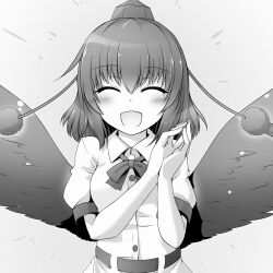 Rule 34 | 1girl, ^ ^, blush, bow, bowtie, buttons, closed eyes, collared shirt, commentary request, dress shirt, facing viewer, feathered wings, greyscale, happy, hat, highres, marukyuu ameya, medium hair, monochrome, open mouth, own hands together, pom pom (clothes), puffy short sleeves, puffy sleeves, shameimaru aya, shirt, shirt belt, short sleeves, solo, tassel, tokin hat, touhou, upper body, wings