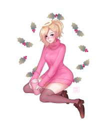 Rule 34 | 1girl, alternate costume, artist name, black footwear, black thighhighs, blonde hair, blush, breasts, closed mouth, commentary, cup, halo, highres, holly, long sleeves, looking at viewer, medium breasts, mercy (overwatch), milkgrrl, mistletoe, nose blush, overwatch, overwatch 1, pink sweater, shoes, simple background, sitting, sleeves past wrists, solo, sweater, thighhighs, white background, yokozuwari
