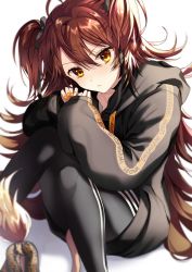 Rule 34 | 1girl, ahoge, black bow, black hoodie, black pants, blurry, blurry background, blurry foreground, bow, brown eyes, brown hair, brown nails, character name, closed mouth, commentary request, depth of field, hair between eyes, hair bow, highres, hood, hood down, hoodie, long hair, long sleeves, looking at viewer, nail polish, pants, paraffin, puffy long sleeves, puffy sleeves, re:act, shishigami leona, sitting, sleeves past wrists, solo, two side up, very long hair, virtual youtuber, white background