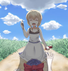 Rule 34 | 2girls, ^ ^, blonde hair, blood, bottle, bow, braid, closed eyes, cloud, crawling, day, dress, ellen (majo no ie), grass, holding, kneeling, knife, majo no ie, maze (moonlok), multiple girls, on floor, open mouth, outstretched arm, path, purple hair, reaching, road, sky, spoilers, twin braids, viola (majo no ie), weapon