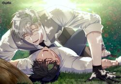 Rule 34 | 2boys, black gloves, black necktie, boy on top, brown hair, bush, closed eyes, collared shirt, eyewear on head, glasses, gloves, hand on another&#039;s head, ilay riegrow, jeong taeui, leaf, leaf on head, multiple boys, nature, necktie, o ssion, on floor, on grass, open mouth, outdoors, passion (manhwa), rose bush, shirt, smile, sunlight, sweater vest, tree shade, white footwear, white hair, white shirt, yaoi