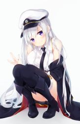 Rule 34 | 1girl, azur lane, bare shoulders, black necktie, blush, breasts, closed mouth, enterprise (azur lane), hair between eyes, hat, head tilt, highres, large breasts, long hair, looking at viewer, necktie, off shoulder, peaked cap, purple eyes, salute, shirt, sidelocks, silver hair, simple background, sleeveless, sleeveless shirt, smile, solo, squatting, t-bth, thighhighs, very long hair, vulcan salute, white background, white shirt