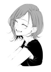 Rule 34 | 1girl, absurdres, blush, closed eyes, commentary request, cropped torso, earrings, greyscale, highres, jewelry, monochrome, open mouth, original, shirt, short hair, short sleeves, simple background, smile, solo, stud earrings, swept bangs, t-shirt, teeth, upper body, vice (kuronekohadokoheiku)