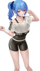 Rule 34 | 1girl, absurdres, bike shorts, black leotard, black shorts, blue eyes, blue hair, breasts, character name, collarbone, commentary, covered navel, crop top, crop top overhang, english commentary, hands up, highres, hololive, hololive dance practice uniform, hoshimachi suisei, leotard, leotard under clothes, light blue hair, looking at viewer, medium breasts, official alternate costume, see-through silhouette, shirt, short sleeves, shorts, side ponytail, simple background, single bare shoulder, single off shoulder, smile, solo, somebody (leiking00), star (symbol), star in eye, sweat, symbol in eye, virtual youtuber, white background, white shirt, white wristband
