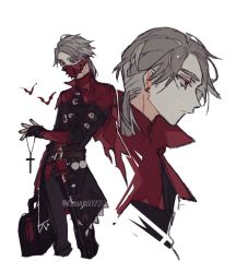 Rule 34 | 1boy, aesop carl, bat (animal), belt, black gloves, briefcase, capelet, closed mouth, cross, cross necklace, earrings, fingerless gloves, fingernails, gloves, grey hair, holding, holding briefcase, identity v, jewelry, kuroneko0309252, male focus, mask, medium hair, mouth mask, necklace, official alternate costume, red capelet, red eyes, simple background, sketch, solo, spikes, stud earrings, too many, too many belts, torn, torn capelet, torn clothes, twitter username, white background