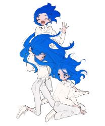 Rule 34 | 3girls, absurdres, blue eyes, blue hair, closed eyes, eyes visible through hair, hand up, highres, inata17ta, long hair, long sleeves, looking at viewer, multiple girls, open mouth, original, pants, shirt, shoes, short hair, simple background, smile, sweater, white background, white footwear, white pants, white shirt, white sweater