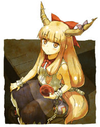 Rule 34 | 1girl, bad id, bad pixiv id, blouse, blush, blush stickers, bow, bowtie, chain, cup, from above, gourd, hair bow, hand on own knee, holding, horn ornament, horn ribbon, horns, ibuki suika, long hair, matching hair/eyes, orange eyes, orange hair, ribbon, sakazuki, shirt, shoes, sitting, skirt, sleeveless, solo, suzuki natsume, touhou, very long hair, wrist cuffs