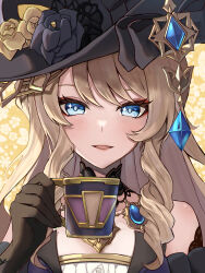 Rule 34 | 1girl, absurdres, bare shoulders, black gloves, black headwear, blonde hair, blue eyes, blue gemstone, commentary request, cup, eyeshadow, floral background, gem, genshin impact, gloves, highres, holding, holding cup, huangwanzi, jewelry, makeup, navia (genshin impact), open mouth, portrait, red eyeshadow, smile, solo, yellow background