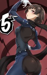 Rule 34 | 1girl, ass, bodysuit, braid, breasts, brown hair, commentary request, from behind, gloves, highres, kurosususu, looking at viewer, looking back, niijima makoto, persona, persona 5, red eyes, short hair, shoulder spikes, solo, spikes, spoken number, thighs, white gloves