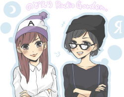 Rule 34 | 2girls, :3, beanie, black eyes, black hair, black headwear, black shirt, blue background, blue outline, blush, breasts, brown eyes, brown hair, clenched teeth, closed mouth, collarbone, collared shirt, commentary request, dress shirt, glasses, grin, hat, kashikaze, kusuda aina, long hair, long sleeves, looking at viewer, love live!, love live! school idol project, medium breasts, multiple girls, nanjou yoshino, outline, purple headwear, real life, shirt, short hair, smile, suspenders, teeth, translated, two-tone headwear, upper body, white headwear, white shirt