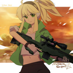 Rule 34 | 1girl, blonde hair, copyright name, dated, ear protection, gloves, green eyes, gun, iris (material sniper), jacket, material sniper, ponytail, rifle, scope, short hair, sleeves rolled up, sniper rifle, solo, tako niwa, trigger discipline, weapon