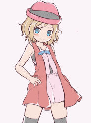 Rule 34 | 1girl, bare arms, bare shoulders, black thighhighs, blonde hair, blue bow, blue eyes, blush, bow, brown background, closed mouth, collarbone, creatures (company), dress, game freak, hand on own hip, hat, jacket, nekono rin, nintendo, open clothes, open jacket, pink dress, pokemon, pokemon (anime), pokemon xy (anime), red hat, red jacket, serena (pokemon), simple background, sleeveless, sleeveless jacket, smile, solo, thighhighs