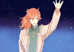 Rule 34 | 1boy, april fools, closed eyes, fate/grand order, fate (series), gloves, iriya (lonesome), long hair, male focus, orange hair, ponytail, romani archaman, sky, smile, solo, spoilers, star (sky), starry sky, upper body, waving, white gloves