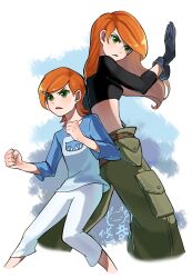 Rule 34 | 2girls, belt, ben 10, black gloves, cargo pants, clenched hands, crop top, crossover, fighting stance, gloves, green eyes, gwen tennyson, hand up, highres, kim possible (series), kim possible, long hair, long sleeves, midriff, multiple girls, no feet, orange hair, pants, parted lips, shirt, trait connection, youzaiyouzai112