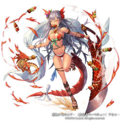 Rule 34 | 1girl, armor, bikini, bikini armor, breasts, copyright name, copyright request, cuboon, dragon, dragon tail, closed eyes, fire, flower, food, grey hair, grill, hair flower, hair ornament, kebab, medium breasts, navel, official art, simple background, solo, swimsuit, sword, tail, weapon, white background