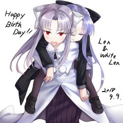 Rule 34 | 2girls, albino, apo (apos2721), black bow, blue hair, blush, bow, capelet, carrying, character name, coattails, dated, fang, flat chest, grey bow, hair bow, happy birthday, len (tsukihime), loafers, long hair, long skirt, melty blood, multiple girls, pantyhose, piggyback, pointy ears, red eyes, shoes, silver hair, skirt, sleeping, sleeping on person, tsukihime, white len (tsukihime)