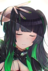 Rule 34 | 1girl, absurdres, black hair, black jacket, blunt bangs, blush, breasts, closed mouth, expressionless, fingernails, glint, green hair, green nails, hand in own hair, highres, idolmaster, idolmaster shiny colors, jacket, long hair, long sleeves, mayuzumi fuyuko, medium breasts, mitsuba (watergarden), multicolored hair, nail polish, shrug (clothing), simple background, solo, streaked hair, two side up, upper body