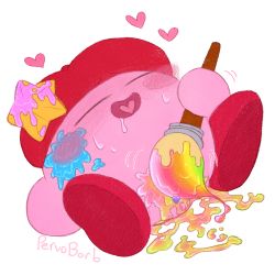 Rule 34 | 1girl, artist name, beret, blush, blush stickers, closed eyes, copy ability, drooling, female focus, happy, hat, heart, heart-shaped tongue, kirby, kirby (series), masturbation, moaning, motion lines, nintendo, no humans, open mouth, paint, paintbrush, pervoborb, pussy, red hat, saliva, simple background, sitting, solo, spread legs, star (symbol), star ornament, sweat, white background