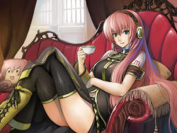 Rule 34 | 1girl, bad id, bad pixiv id, bare shoulders, black thighhighs, blue eyes, boots, cameo, couch, cross-laced footwear, crossed legs, cup, headset, knee boots, kurojishi, lace-up boots, long hair, megurine luka, navel, pillow, pink hair, red upholstery, sitting, smile, solo, takoluka, tea, thighhighs, thighs, very long hair, vocaloid, window