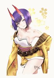 Rule 34 | 1girl, alternate breast size, bare shoulders, beads, bob cut, breasts, cleavage, closed mouth, collarbone, cosplay, eyeliner, fang, fate/grand order, fate (series), floral background, horns, ibaraki douji (fate), ibaraki douji (fate) (cosplay), japanese clothes, kimono, long sleeves, looking at viewer, makeup, obi, off shoulder, oni, purple eyes, purple hair, relaxjon, sash, short hair, short kimono, shuten douji (fate), skin-covered horns, small breasts, smile, solo, thighs, wide sleeves, yellow kimono